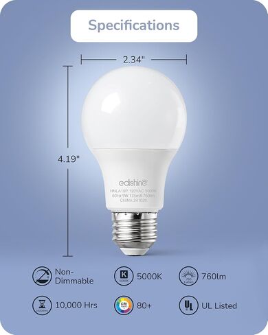 EDISHINE 4-Pack A19 LED Light Bulb, 760LM, 3000K Soft Warm Light Bulb, Energy Saving 9W(60W Equivalent) LED Bulb, E26 Medium Screw Base, Non Dimmable, UL Listed in Saudi Arabia