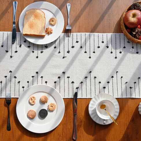 Boho Table Runner with Tassel for Kitchen Dining Rustic Cotton Woven Table Runner for Farmhouse Modern Home Decor Small Coffee Table (13 x 90 Inch,Beige with Taupe Stripes) in Kuwait