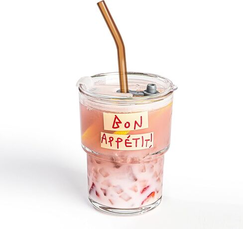 13oz Glass Tumbler with Glass Straw and Lid, Reusable Iced Coffee Cups, Coffee Tumbler, Glass Coffee Mugs, Drinking Glass Cups (White) in Saudi Arabia