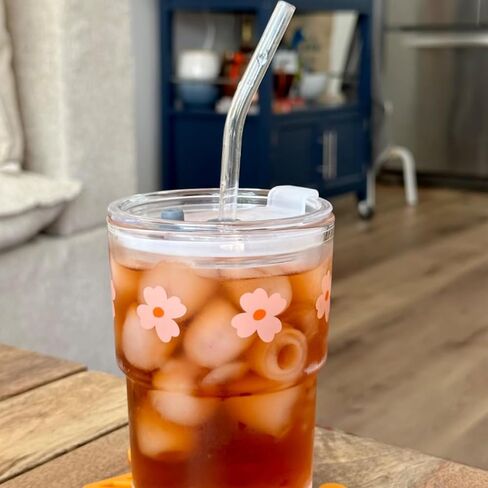 13oz Glass Tumbler with Glass Straw and Lid, Reusable Iced Coffee Cups, Coffee Tumbler, Glass Coffee Mugs, Drinking Glass Cups (White) in Saudi Arabia