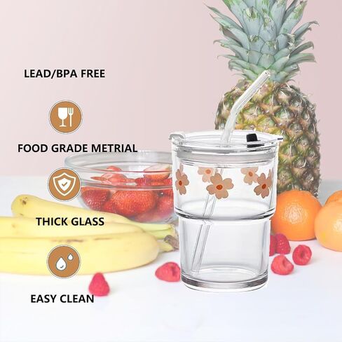 13oz Glass Tumbler with Glass Straw and Lid, Reusable Iced Coffee Cups, Coffee Tumbler, Glass Coffee Mugs, Drinking Glass Cups (White) in Saudi Arabia