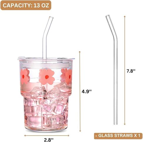 13oz Glass Tumbler with Glass Straw and Lid, Reusable Iced Coffee Cups, Coffee Tumbler, Glass Coffee Mugs, Drinking Glass Cups (White) in Saudi Arabia