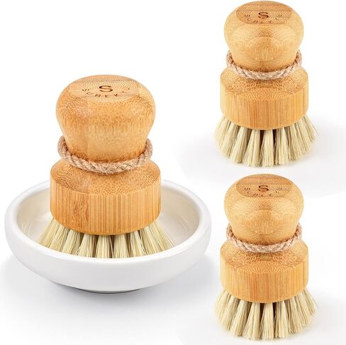 SUBEKYU Bamboo Dish Scrub Brushes, Kitchen Wooden Cleaning Scrubbers Set for Washing Cast Iron Pans/Pots, Set of 3 in Kuwait