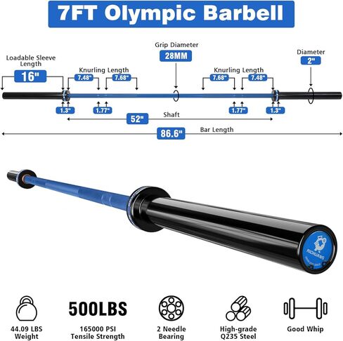 7ft Olympic Barbell Bar 45lb Weight Bar Deadlift Bar for 2" Olympic Plates,500 700 1000lbs Capacity,Olympic Bar for Squats,Deadlifts,Presses,Rows,Curls,for Home Gym,Weightlifting,Powerlifting in Kuwait