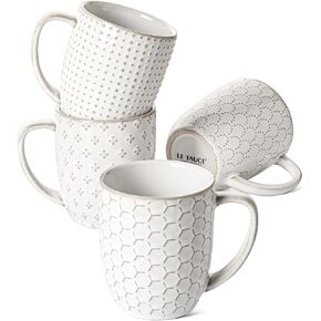 LE TAUCI Coffee Mugs 16 oz,Ceramic Mug Set, Embossment Cups for Latte, Hot Tea, Cappuccino, Mocha, Cocoa, Dishwasher Safe, Suit For Housewarming Wedding- 3.8 inch, Set of 4, Arctic White