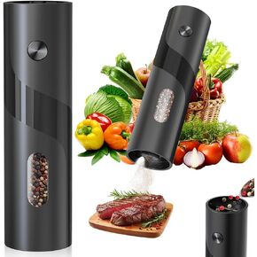 Electric Pepper & Salt Grinder Mill (One Piece Black), Top feed, Large Whole Body Silo, Ceramic Core, LED Light, Easy To Clean, Matte Curved Shape, One Handed Operation, Kitchen Essential