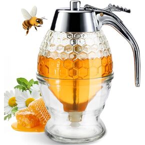 Honey Dispenser, Glass Honey Dispenser No Drip, Honey Pot with Stand, 8 oz Honey Jar, Maple Syrup Honey Container, Elegant Honeycomb Design for Home Decor for Any Occasion