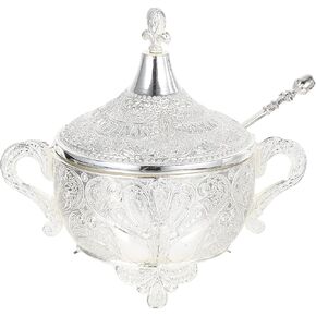 Elegant Golden Sugar Bowl with Lid and Spoon Turkish Metal Spice Condiment Container for Coffee Bar and Kitchen - for Sugar Cubes, Powdered Sugar, and More