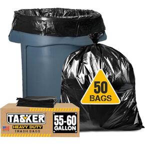 Tasker 55 Gallon Trash Bags (Value 50 Bags w/Ties) Extra Large Industrial Trash Bags 55 Gallon, Lawn and Leaf Bags, Extra Large Outdoor Contractor Trash Can Liners, 50-60 Gallon Commercial Trash Bags.