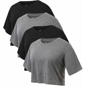 Femdouce 4 Pack Womens Cotton Cropped T Shirts Short Sleeve Casual Loose Crop Athletic Tees Basic Workout Crop Shirts