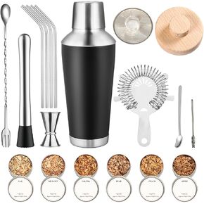 9 Piece Premium Cocktail Shaker Set, 25oz Stainless Steel Martini Shaker, Elegant Bartender Kit with Muddler, Strainer, Mixing Spoon, Jigger & Straw