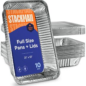 10-Pack Large Aluminum Steam Pans with Lids - 21x13, Heavy Duty for Roasting, Cooking, Warming Food,Silver