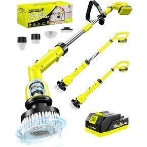 1200RPM Battery Electric Spin Scrubber with Handle, High Power Cordless Electric Scrubber with 4 Replaceable Shower Scrubber for Bath/Tub/Tile/Floor, 2.0Ah Battery & Quick Charger Included, Green