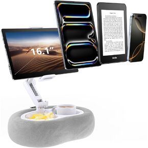 Tablet Stand Ereader Pillow Holder with 2 Detachable Trays & Soft Plush Pillow, Adjustable Tablet Holder for Bed/Lap Compatible with Kindle Kobo iPad iPhone Android & Other 4.7-13" Devices (Pink)