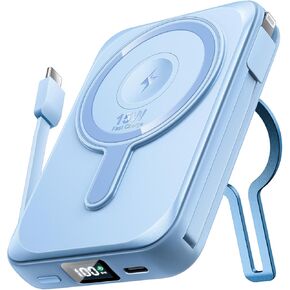 Magnetic Portable Charger, 10000mAh Wireless Power Bank with Stand, 22.5W Fast Charging Battery Pack with Built in Cables, Compatible with iPhone 16 15 14 13 12 Samsung S22 S21 Google iPad ect