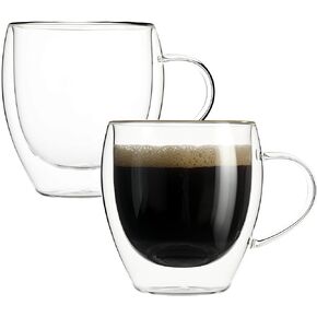 2 Pack Double Walled Glass Coffee Mugs with Handles, Large Insulated Layer Coffee Cups, 12oz Clear Borosilicate Mugs, Perfect for Cappuccino, Tea, Microwave Safe in Kuwait