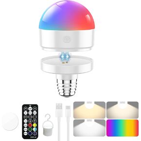 E26 Rechargeable Led Light Bulbs with Remote Control Timer, Battery Powered Light Bulbs for Lamps, 350LM Dimmable Battery Operated Light Bulbs & 13 Colors, Light Sconce Backup Non-Hardwired 2PC