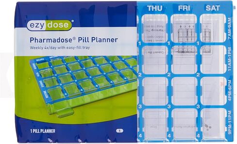 EZY DOSE Weekly AM/PM (7-Day) Pill Case, Medicine Planner, Vitamin Organizer, Large Easy Fill Compartments, 4 Times a Day, Clear Lids, Blue, BPA Free in Kuwait