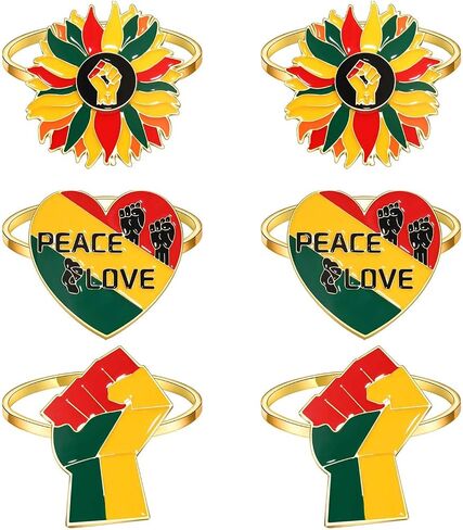 6PCS African Napkin Rings Juneteenth Napkin Rings Set Enamel Africa Map Power Fist Sunflower Heart Napkin Holder Rings for Table Decor Black History Party Table Place Settings Decorations in Saudi Arabia
