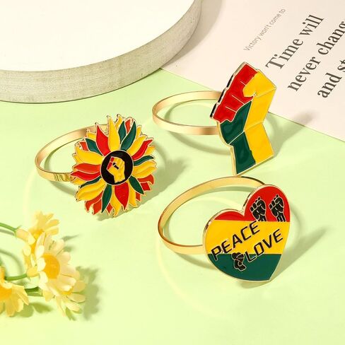 6PCS African Napkin Rings Juneteenth Napkin Rings Set Enamel Africa Map Power Fist Sunflower Heart Napkin Holder Rings for Table Decor Black History Party Table Place Settings Decorations in Saudi Arabia