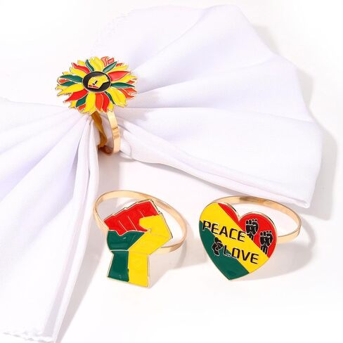 6PCS African Napkin Rings Juneteenth Napkin Rings Set Enamel Africa Map Power Fist Sunflower Heart Napkin Holder Rings for Table Decor Black History Party Table Place Settings Decorations in Saudi Arabia