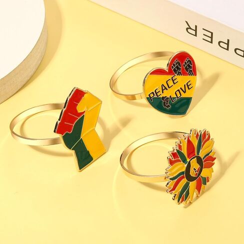 6PCS African Napkin Rings Juneteenth Napkin Rings Set Enamel Africa Map Power Fist Sunflower Heart Napkin Holder Rings for Table Decor Black History Party Table Place Settings Decorations in Saudi Arabia
