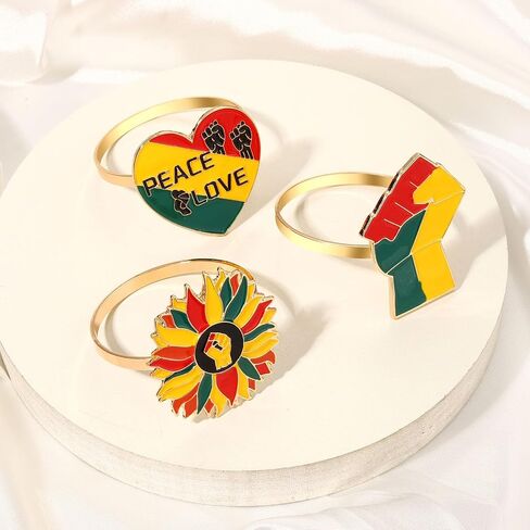 6PCS African Napkin Rings Juneteenth Napkin Rings Set Enamel Africa Map Power Fist Sunflower Heart Napkin Holder Rings for Table Decor Black History Party Table Place Settings Decorations in Saudi Arabia