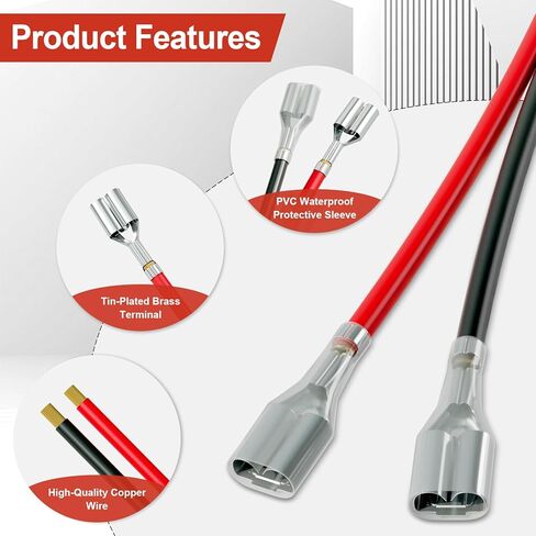 QTEATAK 2 Pcs Double Head Female Spade Crimp Terminal, 500 mm Long 4.8 mm and 4.8 Each, with Insulating Sleeve, Red & Black Female Spade Quick Splice Assortment Kit, UL Listed in Saudi Arabia