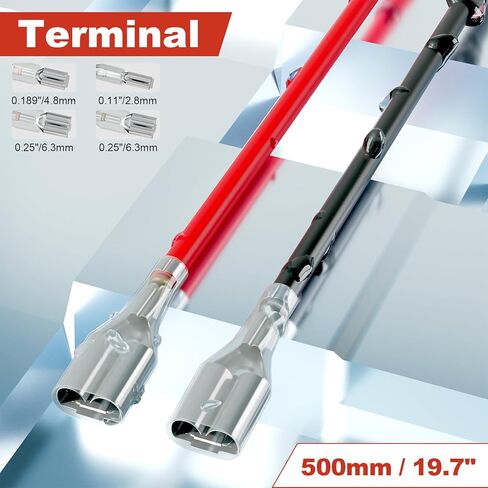 QTEATAK 2 Pcs Double Head Female Spade Crimp Terminal, 500 mm Long 4.8 mm and 4.8 Each, with Insulating Sleeve, Red & Black Female Spade Quick Splice Assortment Kit, UL Listed in Saudi Arabia