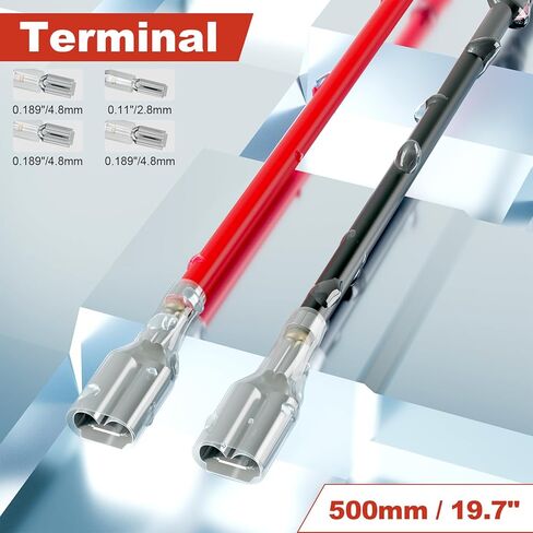 QTEATAK 2 Pcs Double Head Female Spade Crimp Terminal, 500 mm Long 4.8 mm and 4.8 Each, with Insulating Sleeve, Red & Black Female Spade Quick Splice Assortment Kit, UL Listed in Saudi Arabia