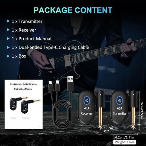 A14-2Wireless Guitar System ، 2.4 جيجا هرتز مستقبل جهاز إرسال قابل لإعادة الشحن ، و 24 بت 48 كيلو هرتز ، ومجموعة 100 قدم ، والتوصيل والتشغيل ، وتوافق مع الغيتار الكهربائي والباس الملحقات in Kuwait