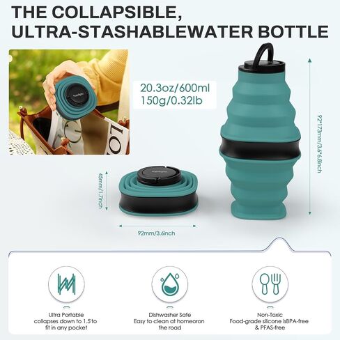 Collapsible Water Bottles,600ml BPA Free Reusable Lightweight LeakProof Silicone Foldable Water Bottle for Travel Hiking Camping Sports,Collapses to 1.5" & anti-Collapse Ring,Dark Blue in Saudi Arabia