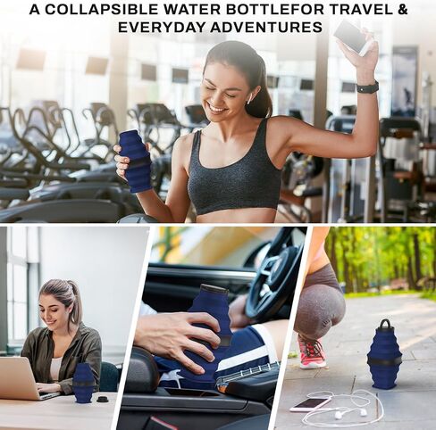 Collapsible Water Bottles,600ml BPA Free Reusable Lightweight LeakProof Silicone Foldable Water Bottle for Travel Hiking Camping Sports,Collapses to 1.5" & anti-Collapse Ring,Dark Blue in Saudi Arabia