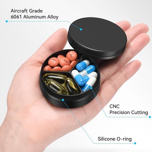Small Pill Case, Durable Metal Pill Box, Airtight & Waterproof for Travel and Daily Use, Portable Vitamin Holder for Pocket, Purse - Black in Saudi Arabia