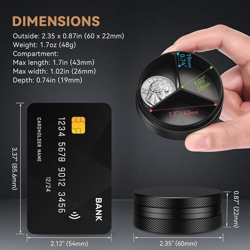 Small Pill Case, Durable Metal Pill Box, Airtight & Waterproof for Travel and Daily Use, Portable Vitamin Holder for Pocket, Purse - Black in Saudi Arabia