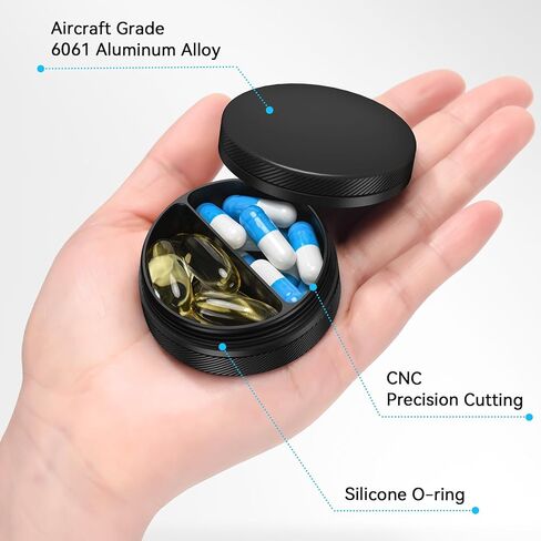 Small Pill Case, Durable Metal Pill Box, Airtight & Waterproof for Travel and Daily Use, Portable Vitamin Holder for Pocket, Purse - Black in Saudi Arabia