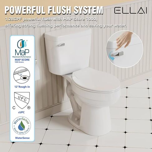 ELLAI Two Piece Elongated Toilets ADA Chair Comfort Height 16.5" Powerful Single Flush 1.28 GPF 12" Rough In with Side Trip Lever, Glossy Black 28.3"x17.2“x31" in Saudi Arabia
