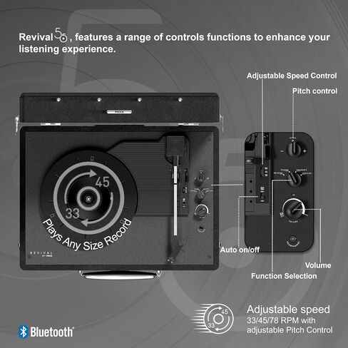 Mixx Revival 55 Portable Suitcase Vinyl Record Player with Built-in Stereo Speakers, Bluetooth Input & Output, 33 1/3 & 45 RPM Speeds with Adapter, AT3600L Cartridge, Retro Style, AC Adapter in Saudi Arabia