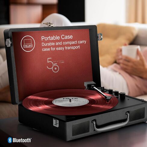 Mixx Revival 55 Portable Suitcase Vinyl Record Player with Built-in Stereo Speakers, Bluetooth Input & Output, 33 1/3 & 45 RPM Speeds with Adapter, AT3600L Cartridge, Retro Style, AC Adapter in Saudi Arabia