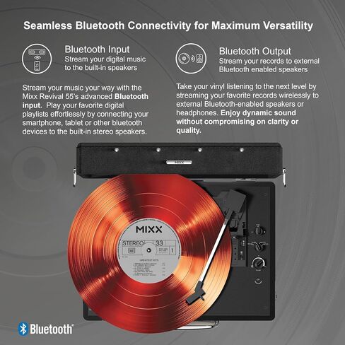 Mixx Revival 55 Portable Suitcase Vinyl Record Player with Built-in Stereo Speakers, Bluetooth Input & Output, 33 1/3 & 45 RPM Speeds with Adapter, AT3600L Cartridge, Retro Style, AC Adapter in Saudi Arabia