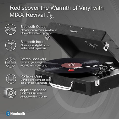 Mixx Revival 55 Portable Suitcase Vinyl Record Player with Built-in Stereo Speakers, Bluetooth Input & Output, 33 1/3 & 45 RPM Speeds with Adapter, AT3600L Cartridge, Retro Style, AC Adapter in Saudi Arabia
