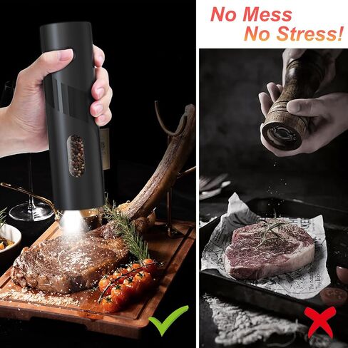 Electric Pepper & Salt Grinder Mill (One Piece Black), Top feed, Large Whole Body Silo, Ceramic Core, LED Light, Easy To Clean, Matte Curved Shape, One Handed Operation, Kitchen Essential in Saudi Arabia