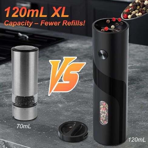 Electric Pepper & Salt Grinder Mill (One Piece Black), Top feed, Large Whole Body Silo, Ceramic Core, LED Light, Easy To Clean, Matte Curved Shape, One Handed Operation, Kitchen Essential in Saudi Arabia