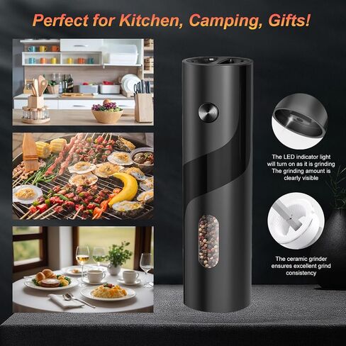 Electric Pepper & Salt Grinder Mill (One Piece Black), Top feed, Large Whole Body Silo, Ceramic Core, LED Light, Easy To Clean, Matte Curved Shape, One Handed Operation, Kitchen Essential in Saudi Arabia
