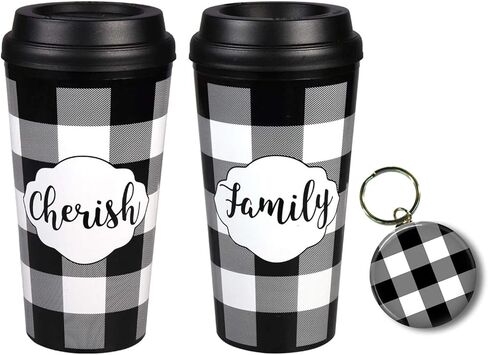 Charmed By Dragons Insulated Travel Mugs - Farmhouse Style Buffalo Plaid Check Design With Matching Keychain 3 Piece Set (Black White Check - Happy Gather Together) in Saudi Arabia