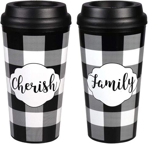 Charmed By Dragons Insulated Travel Mugs - Farmhouse Style Buffalo Plaid Check Design With Matching Keychain 3 Piece Set (Black White Check - Happy Gather Together) in Saudi Arabia