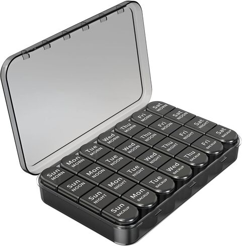 Daviky Weekly Pill Organizer 3 مرات في اليوم ، صندوق منظم حبوب منع الحمل ، صندوق حبوب منع الحمل 7 أيام ، منظم علبة حبوب منع الحمل اليومية ، حاوية حاوية سفر منظمين 7 أيام لعقد الفيتامينات والأدوية (أسود) in Kuwait