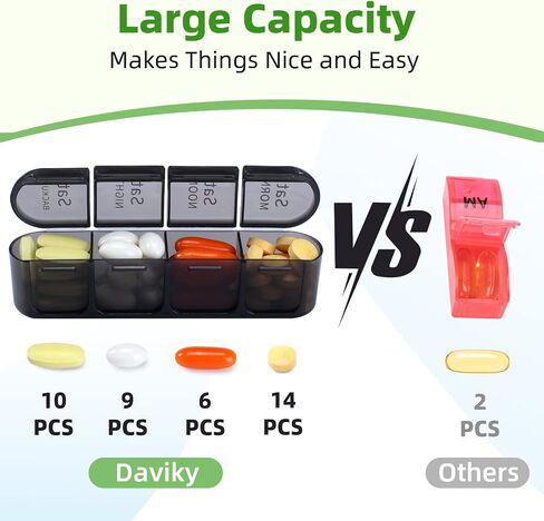 Daviky Weekly Pill Organizer 3 مرات في اليوم ، صندوق منظم حبوب منع الحمل ، صندوق حبوب منع الحمل 7 أيام ، منظم علبة حبوب منع الحمل اليومية ، حاوية حاوية سفر منظمين 7 أيام لعقد الفيتامينات والأدوية (أسود) in Kuwait