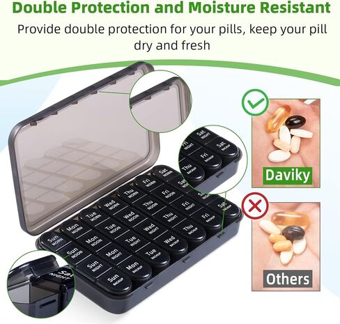 Daviky Weekly Pill Organizer 3 مرات في اليوم ، صندوق منظم حبوب منع الحمل ، صندوق حبوب منع الحمل 7 أيام ، منظم علبة حبوب منع الحمل اليومية ، حاوية حاوية سفر منظمين 7 أيام لعقد الفيتامينات والأدوية (أسود) in Kuwait