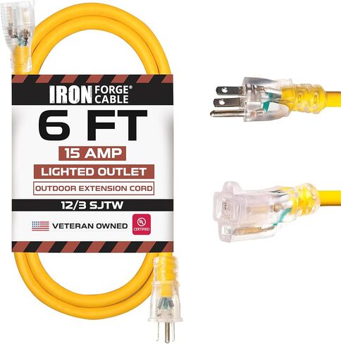 IRON FORGE CABLE 25 ft Lighted Outdoor Extension Cord - 12/3 SJTW Heavy Duty Yellow Extension Cable Extension Cable with 3 Prong Grounded Plug for Safety, 15AMP -Great for Garden and Major Appliances in Kuwait